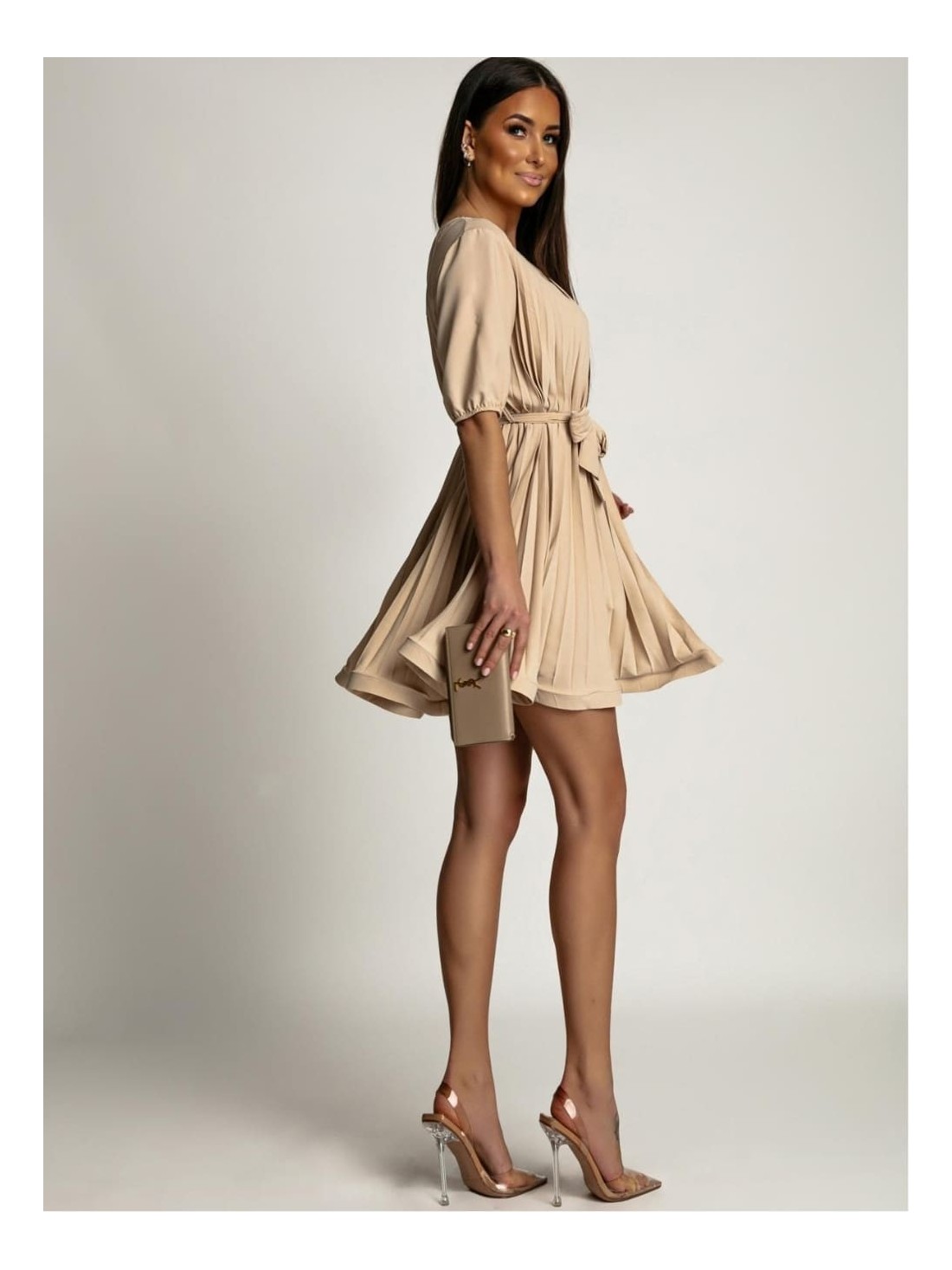 Pleated dress with short sleeves, beige AZR57172